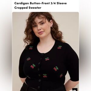 torrid Black Cropped Cardigan with Red Cherry Embroidery